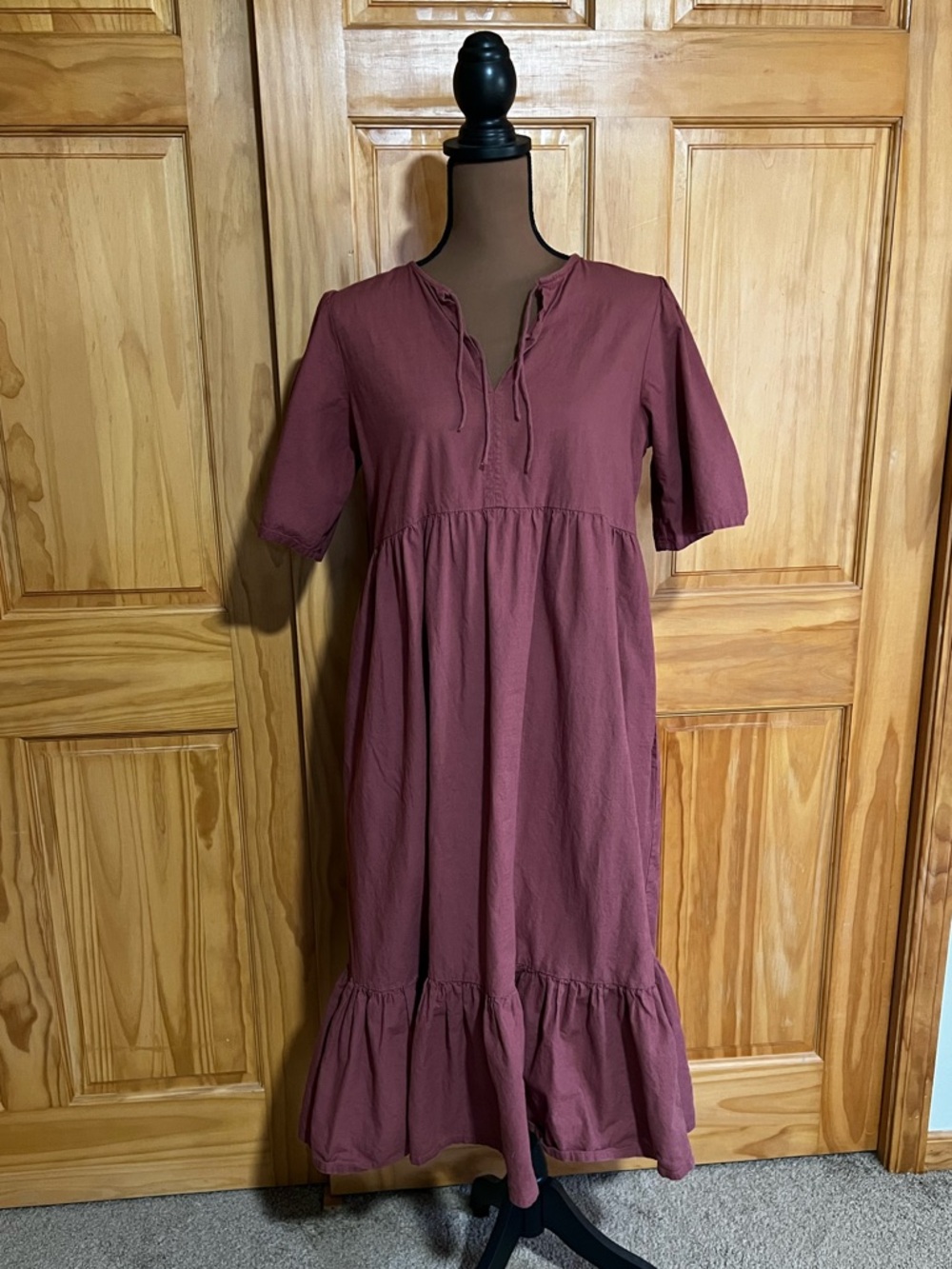 Mata Traders Dusty Rose Tiered Midi Dress with Tie Neck